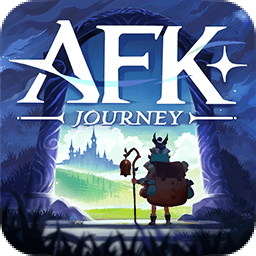 모서리가 둥근 정사각형 아이콘이다. AFK-JOURNEY-라는 게임 타이틀이 흰 글씨로 절반을 차지하고 있다. 배경은 어둑한 숲에 무늬가 새겨진 아치형 문이 서 있고, 문 안에는 초록빛 초원이 펼쳐져 있다. 낮은 언덕 두 개 너머에 실루엣만 보이는 성이 있다. 문 앞에는 로완이라는 게임 캐릭터의 등이 보인다. 로완은 화면 쪽에 가까이 서 있어서 문 안으로 들어가기 일보 직전이다.