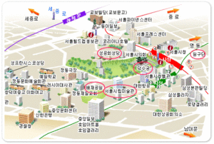 덕수궁, 서울시립미술관, 정동제일교회, 배재공원, 서울시의회 등이 둘러싸고 있는 서울광장 지도.